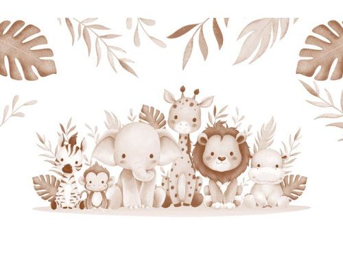 Tiere wie ein Elefant, eine Giraffe, ein Elefant, ein Affe, ein Nilpferd und ein Zebra umgeben von Dschungelblättern auf einer Fototapete in Terrakotta-Farben.