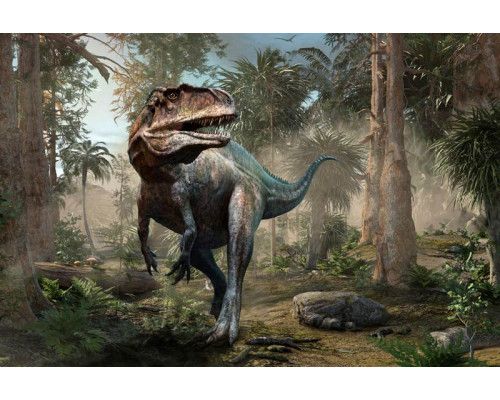 Ein Dino, der sich durch den Dschungel und Regenwald bewegt, umgeben von dichter Vegetation, dargestellt auf dieser Fototapete.