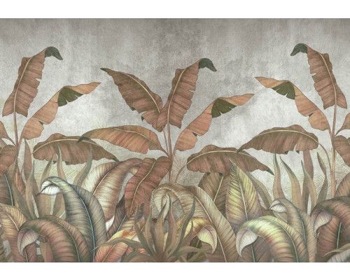 Dschungelpflanzen und Blätter vor einer Betonwand auf dieser Fototapete, die Natur und industrielle Elemente kontrastiert.