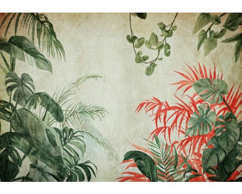 Fototapete mit Dschungelpflanzen auf Beton, mit einem botanischen und modernen Twist.