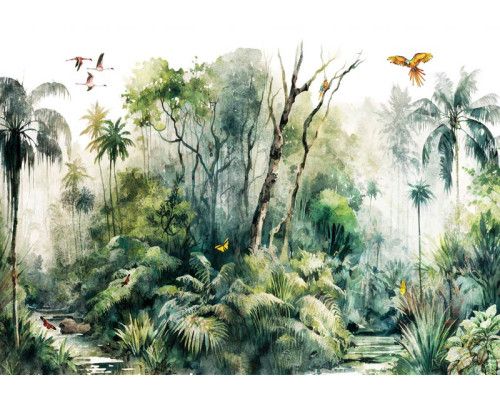 Fototapete mit einer Symphonie aus tropischen Dschungelpflanzen und Bäumen, mit einem Waldhintergrund.