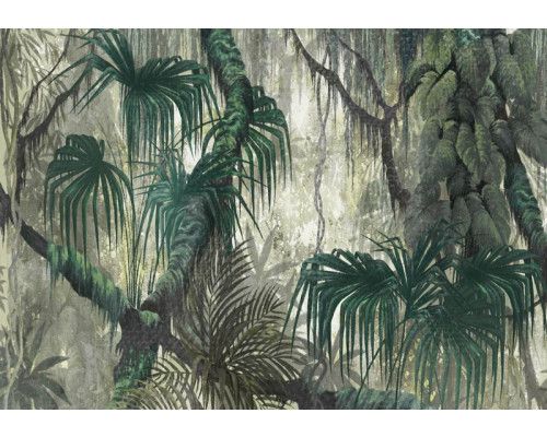 Fototapete des botanischen Dschungels mit Bildern von Zweigen und Blättern, im Stil einer tropischen Pflanze.