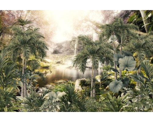 Tropische Fototapete eines Dschungelparadieses mit einem Wasserfall, der durch den Regenwald fließt.