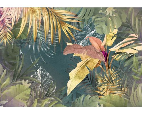 Dschungel-Fototapete mit botanischen Pflanzen und Blättern.