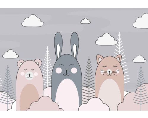 Fototapete mit einer Katze, einem Kaninchen und einem Teddybär, die in einer niedlichen Komposition dargestellt sind.