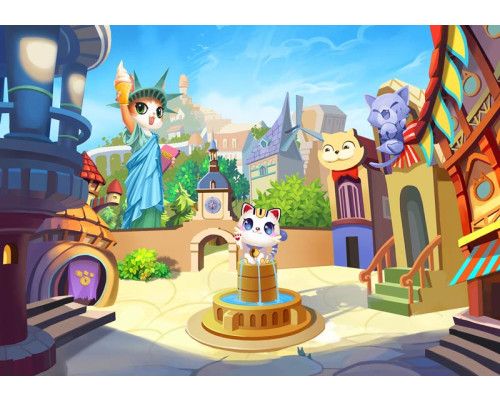 Fototapete eines Katzendorfes für Kinder, verspielt und bunt.