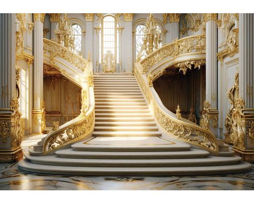 Fototapete einer kaiserlichen Treppe in einem Palast, mit goldenen Details und einer 3D-Ansicht.