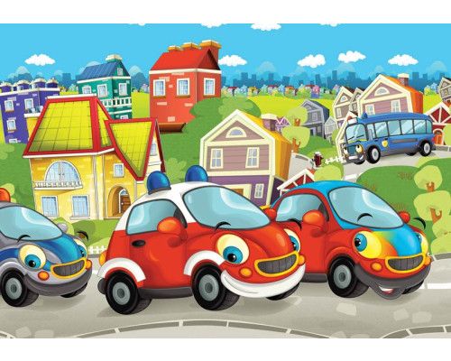 Fototapete von Feuerwehrautos und Fahrzeugen, bunt und cool für Kinderzimmer.