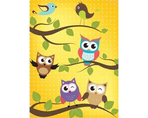 Kinderzimmer Fototapete mit Eulen und Vögeln, bunt und verspielt.