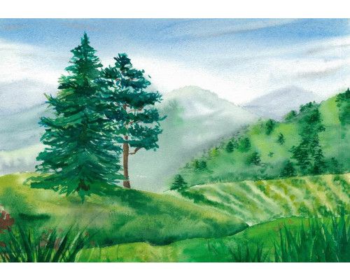 Fototapete mit einer Kinderlandschaft, die in einem Gemälde mit sanften und fröhlichen Farben wiedergegeben ist.