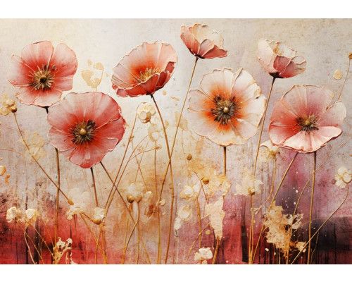 Mohnblumen in einem künstlerischen Design auf einem Betonhintergrund, wunderschön wiedergegeben auf dieser Fototapete.