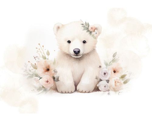 Fototapete von einem kleinen Eisbären mit Blumen, fröhlich und spielerisch für Kinder.