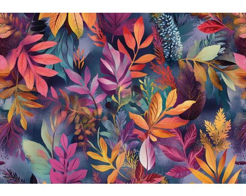 Fototapete mit einem farbenfrohen Blätterdach aus tropischen Blättern in verschiedenen Formen und Farbtönen.