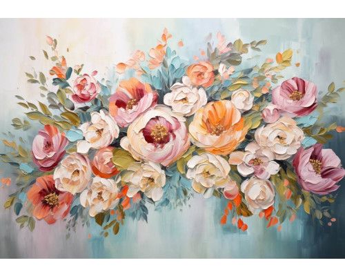 Fototapete mit bunten Blumen in einer künstlerischen Komposition, perfekt für eine lebendige Atmosphäre.