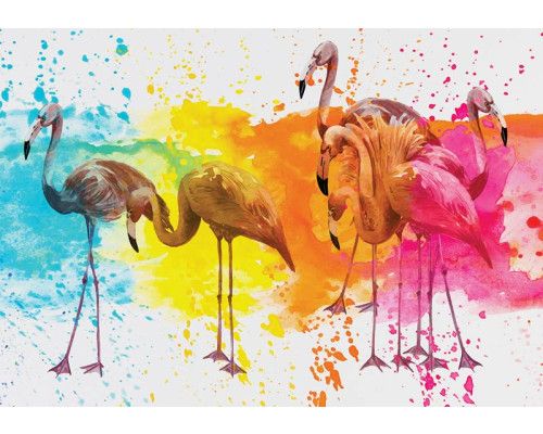 Fototapete mit einem farbenfrohen Flamingo, der in einem künstlerischen Gemälde dargestellt ist.