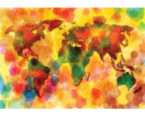 Fototapete einer farbenfrohen Weltkarte, künstlerisch und abstrakt gerendert.