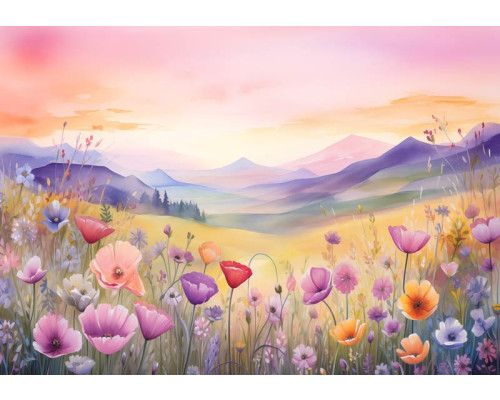 Fototapete einer bunten Landschaft mit Blumen und Natur, mit einem malerischen und ruhigen Blick.