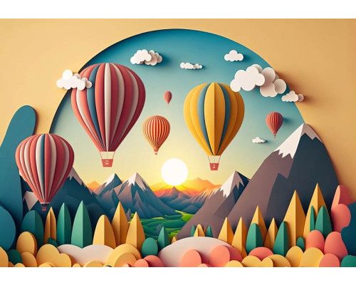 Fototapete mit bunter Papierkunst und Heißluftballons in einer fröhlichen Landschaft.