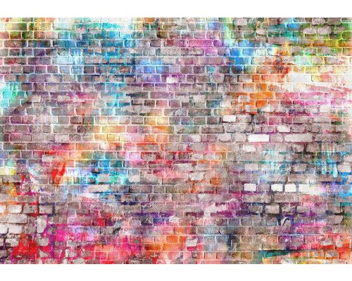 Fototapete einer bunten Graffiti-Wandmalerei auf Ziegelsteinen.