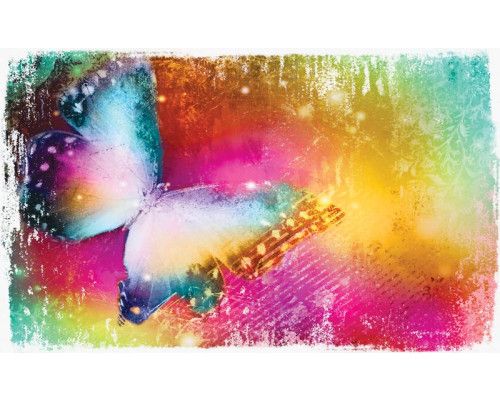 Fototapete mit einem farbenfrohen Schmetterling, der in einem lebendigen Kunstwerk dargestellt ist.