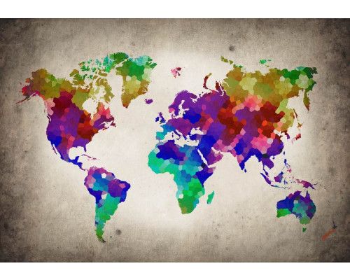 Weltkarte Fototapete mit abstrakter Darstellung von Ländern und Städten in leuchtenden Farben.