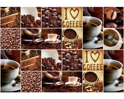 Fototapete mit einer Collage aus Kaffee und Kaffeebohnen, für den wahren Kaffeeliebhaber.