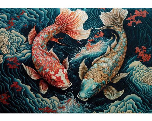 Koi-Karpfenfische schwimmen durch das Wasser, dargestellt in einem detaillierten Kunstgemälde auf Fototapete.