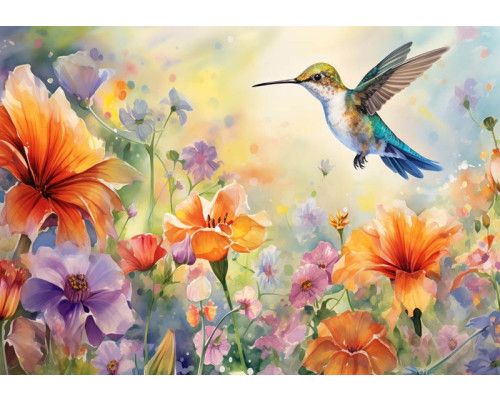 Fototapete eines Gemäldes mit einem Kolibri, der zwischen Blumen fliegt, in einer künstlerischen Darstellung von Natur und Vogel.