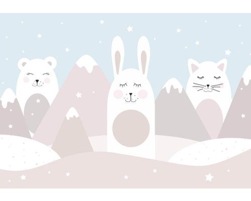 Fototapete mit einem Kaninchen, einer Katze und einem Teddybär, mit Pastellfarben und Bergen im Hintergrund.
