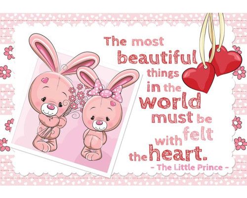 Fototapete von Hasen mit Herzen und Sprüchen für Babyzimmer.