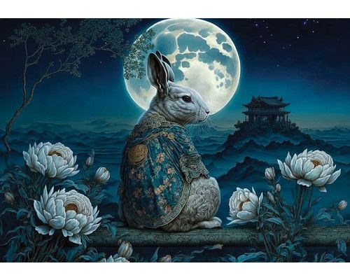 Königliches Kaninchen unter einem orientalischen Mond in einem mysteriösen Kunststil dargestellt, gerendert auf Fototapete.
