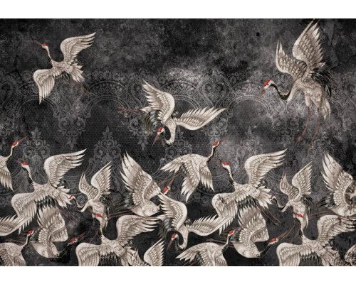 Schwarz-weiße abstrakte Kunst von Kranichen auf einer luxuriösen Fototapete, ideal für ein modernes und stilvolles Interieur.