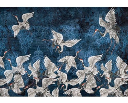 Abstrakte Kunst von Kranichen detailliert auf Luxus-Fototapete mit bunten Akzenten.