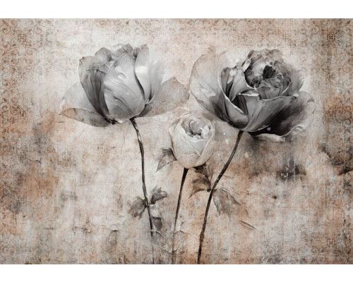 Kunstvolle Fototapete mit Rosen vor einem Betonhintergrund, mit einem eleganten Blumenmuster.