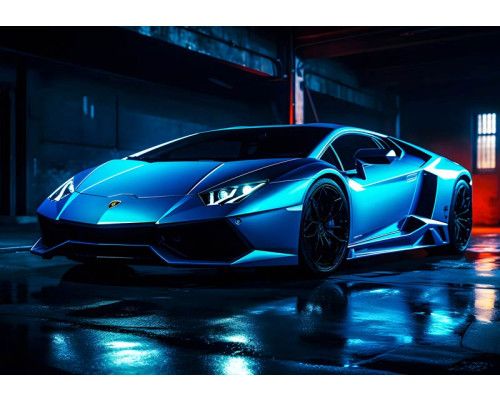 Der neonfarbene Lamborghini Aventador in einer futuristischen Rennumgebung, dargestellt auf dieser energiegeladenen Fototapete.