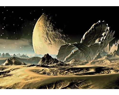 Marslandschaft mit einem Raumschiff im Hintergrund auf dieser Fototapete, die eine futuristische Darstellung des Weltraums zeigt.