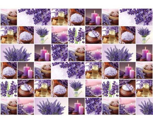 Fototapete einer Lavendel-Collage mit lila Wellness-Blumen, Kerzen und einer Sauna.