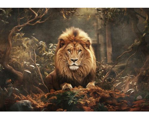 Fototapete eines imposanten Löwen, der stolz durch die Wildnis schreitet, aufgenommen in seinem natürlichen Lebensraum, mit üppiger Vegetation im Hintergrund.