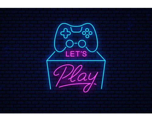 Fototapete „Let’s Play Gaming Neon“ mit neonfarbenem Gamecontroller und rosa Schriftzug auf dunklem Backsteinhintergrund.