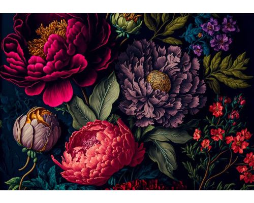 Lebendige Blumenpracht von Pfingstrosen, dargestellt auf einem detaillierten Kunstgemälde als Fototapete.