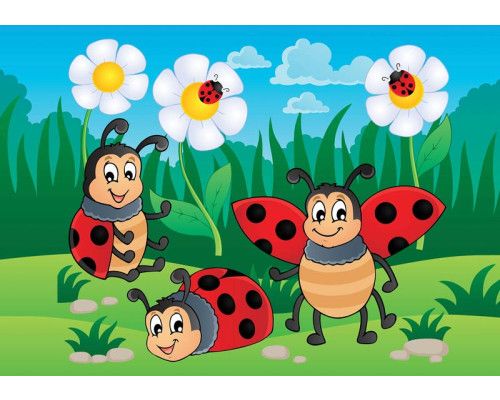 Fototapete mit Marienkäfern auf Blumen, entworfen für Baby- und Kleinkinderzimmer.