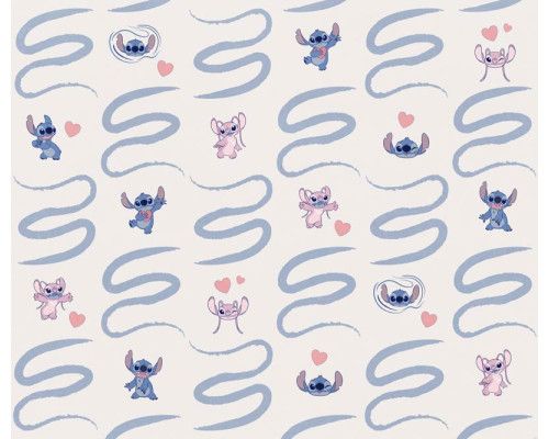 Fotobehang Stitch en Angel spelend op een zachte achtergrond vol liefdevolle details.