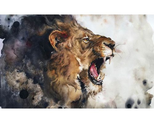 Eine künstlerische Darstellung eines Löwen auf einer malerischen Fototapete, mit lebendigen Farben und Details.