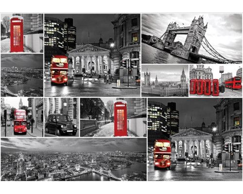 Fototapete mit einer Londoner Collage, die Big Ben, die Tower Bridge und rote Doppeldeckerbusse zeigt.