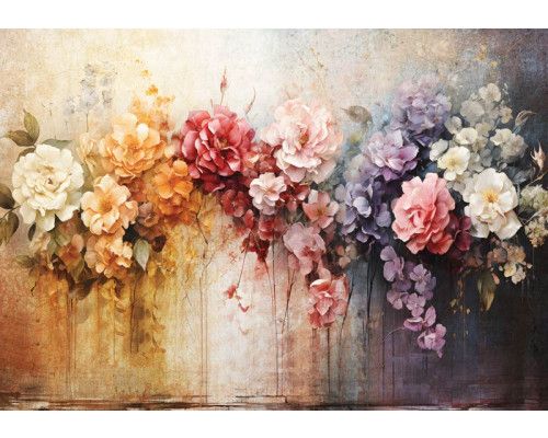 Luxuriöse Blumenpracht vor einem Betonhintergrund, dargestellt auf einer Fototapete mit einem raffinierten künstlerischen Touch.