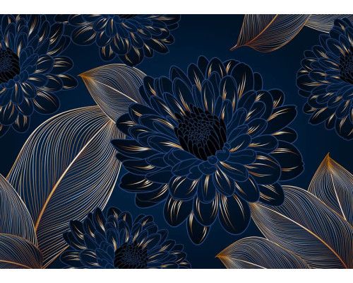 Eine Fototapete mit luxuriösen Chrysanthemen und goldenen Akzenten, bei der elegante Blumen auf einem tiefen Hintergrund ein raffiniertes und exklusives Aussehen verleihen.