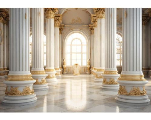 Fototapete eines luxuriösen Gebäudes mit goldenen Säulen, mit einem 3D-Effekt für ein königliches Aussehen.