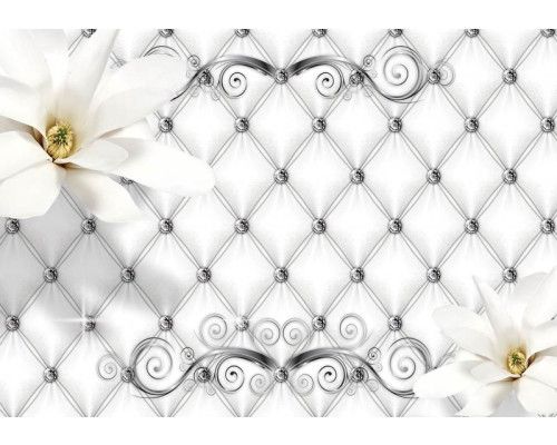 Fototapete mit luxuriösen silbernen Blumen in einem abstrakten Kunstwerk.