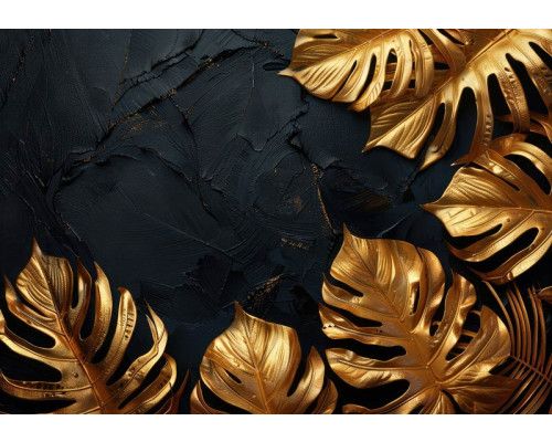 Fototapete Luxuriöse Goldene Blätter auf Dunkler Textur mit metallischem Glanz und strukturierter Oberfläche.