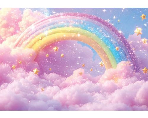 Fototapete mit einem bunten Regenbogen zwischen sanften, rosa Wolken und funkelnden Sternen.